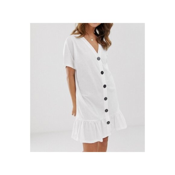 ASOS DESIGN button through slubby mini dress with pep hem White Size US 4 NWT - Picture 1 of 4
